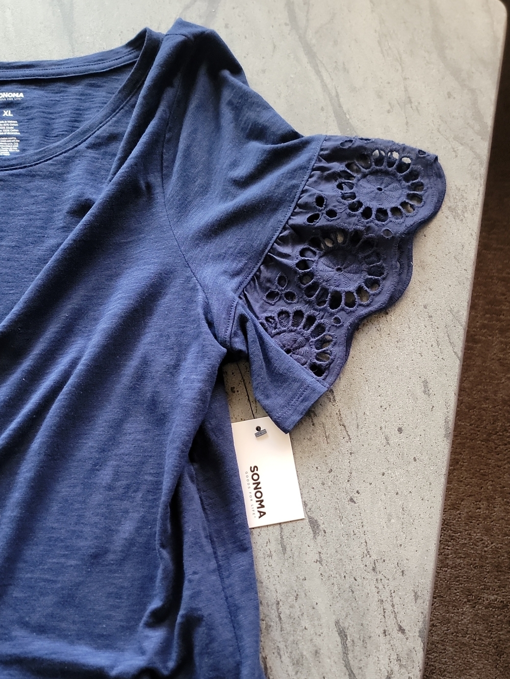 SONOMA Short Sleeve Embroidered Sleeve Top Navy Blue Size XL NWT - Picture 6 of 9